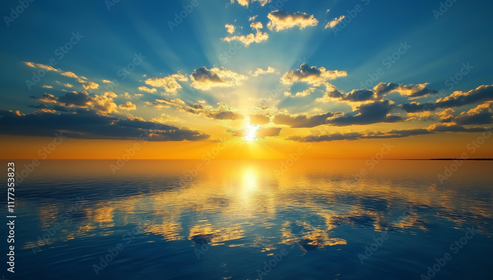 Fototapeta premium Sunset over the ocean with golden light reflecting on the water, creating a calming and picturesque moment.