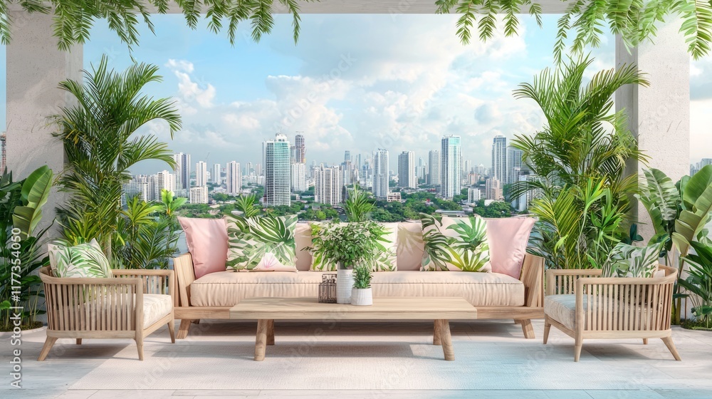 Fototapeta premium Vibrant Indian-Style Terrace Garden Lounge with City Skyline Backdrop | Modern Interior Design Concept with Bold Cushion Prints and Teak Coffee Table