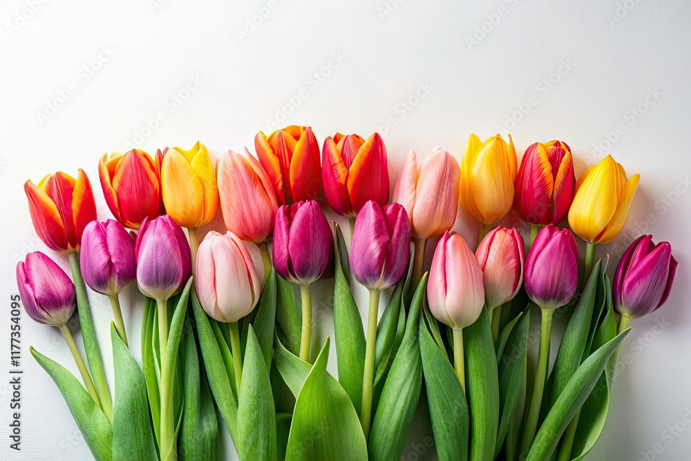 Fototapeta premium Elegant white tulips bloom, minimalist photography; pure spring beauty on a stark white backdrop.