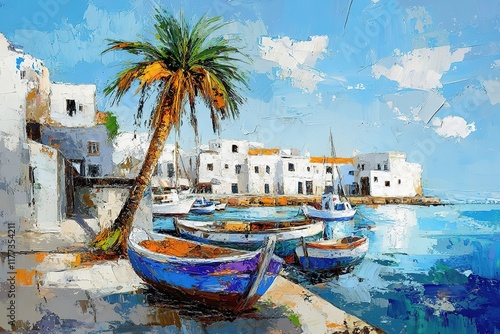 Vibrant Impressionist Harbour Scene with Boats and Palm Tree