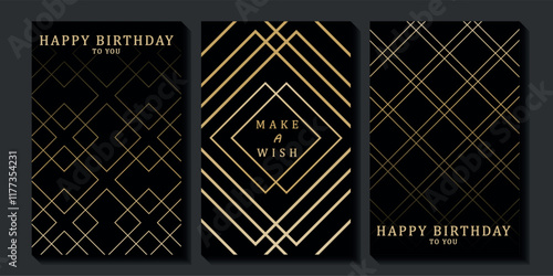 Set of luxury birthday cards on a black background. Modern gold and black design. Golden elegant geometric pattern, gold line on dark background. Premium design illustration for birthday party.