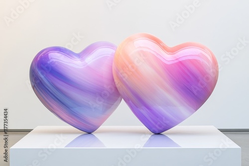 Two heart shapes filled with soft gradient hues of pink and purple, positioned symmetrically on a clean canvas photo