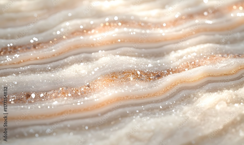 Obraz premium Close-up of shimmering, wavy, beige and white stone texture with glittering crystals.