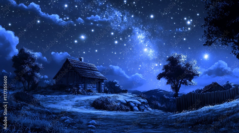 Starry night over a serene landscape with a cozy cabin and trees. Starry night over a serene landscape with a cozy cabin and trees.