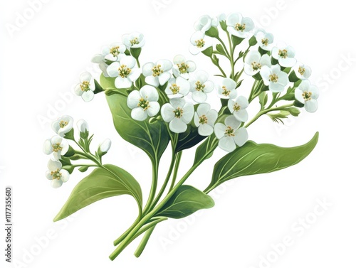 a bouquet of white flowers with green leaves isolated on white