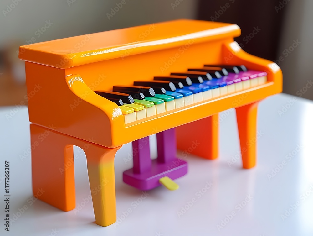 Brightly colored toy piano with rainbow keys on a clean white table Brightly colored toy piano with rainbow keys on a clean white table