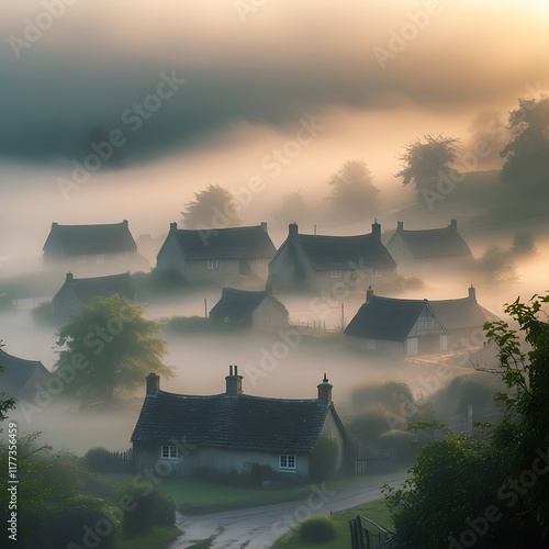 A mystical village perched atop a floating island, shrouded in eternal fog. The edges of the island drop off into an endless abyss, and wooden pathways extend between the village’s stilted huts, preca photo