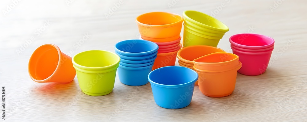 Brightly colored toy stacking cups scattered on a light wooden surface Brightly colored toy stacking cups scattered on a light wooden surface