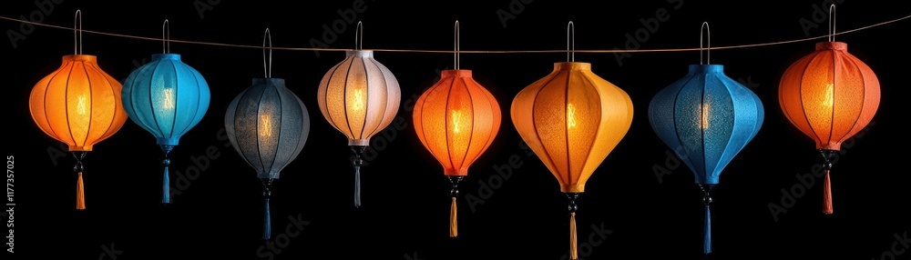 Colorful Hanging Lanterns in Various Shapes Illuminating a Dark Background Colorful Hanging Lanterns in Various Shapes Illuminating a Dark Background