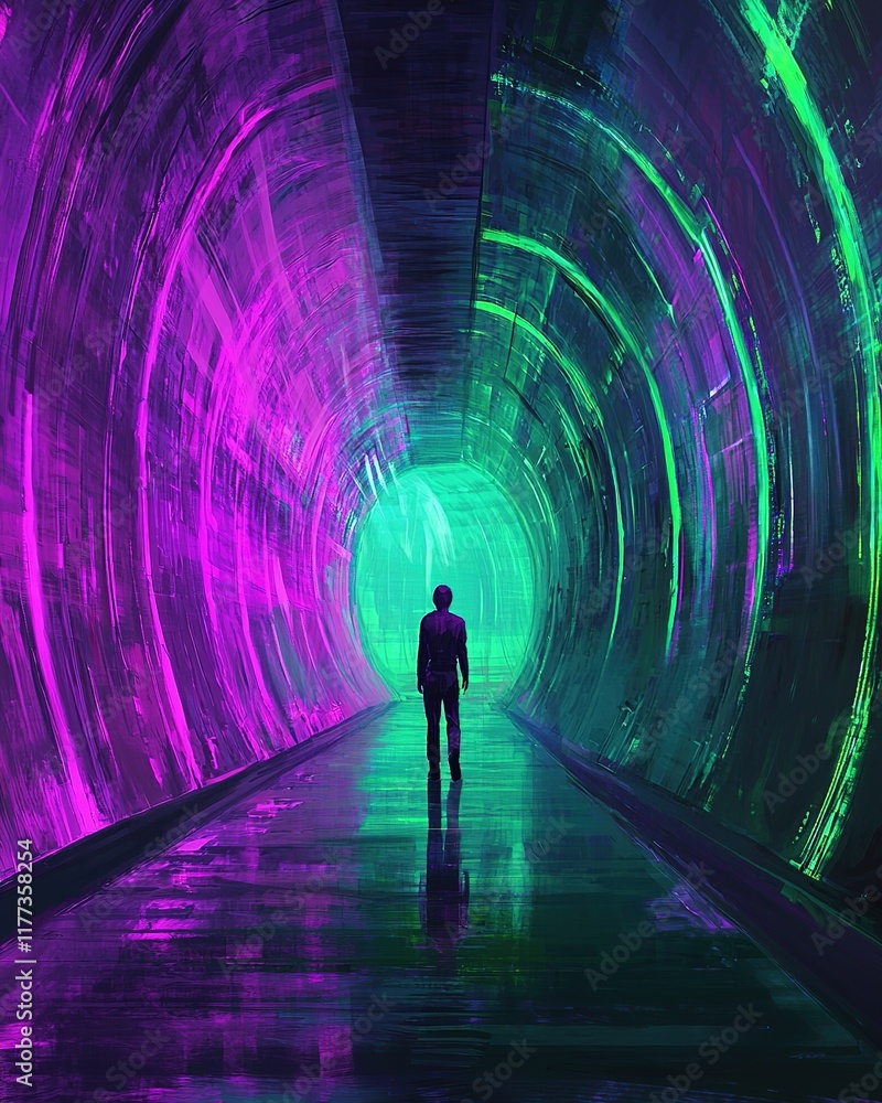 A person stands in a vividly lit tunnel, illuminated with purple and green colors, creating a surreal and dreamlike atmosphere. A person stands in a vividly lit tunnel, illuminated with purple and green colors, creating a surreal and dreamlike atmosphere.