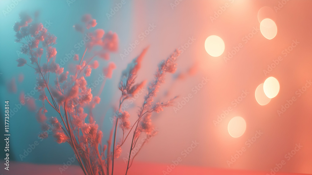 Radiant pink and blue bokeh lights glowing softly indoors over a muted coral and cream background Radiant pink and blue bokeh lights glowing softly indoors over a muted coral and cream background