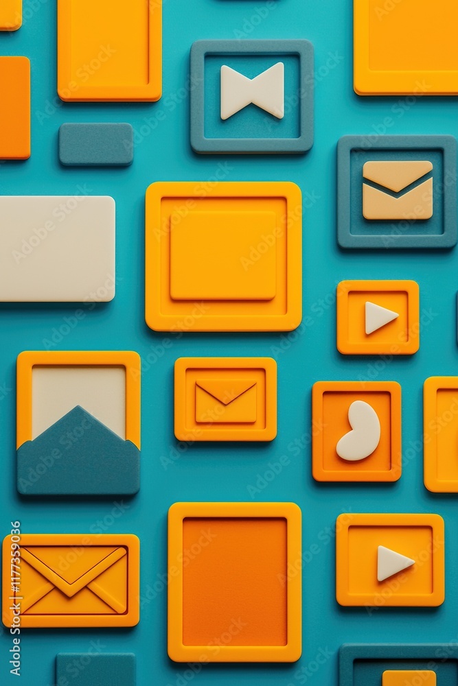 A colorful arrangement of various icon-like shapes in yellow, teal, and cream, featuring mail, buttons, and frames against a vibrant blue background.