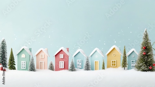 A charming winter scene featuring colorful cottages blanketed in fresh snow under a clear blue sky.