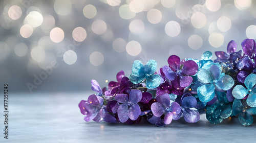 Radiant teal and purple bokeh sparkles glowing indoors over a muted light grey backdrop