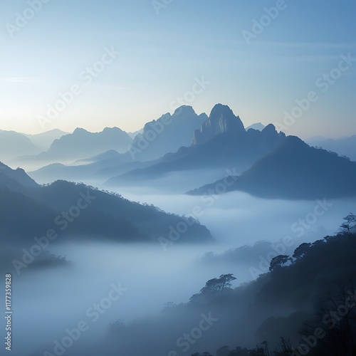 A mystical village perched atop a floating island, shrouded in eternal fog. The edges of the island drop off into an endless abyss, and wooden pathways extend between the village’s stilted huts, preca photo