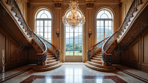 Opulent Royal Interior with Grand Staircase: Luxurious Stock Photo for High-End Branding and Real Estate Marketing photo