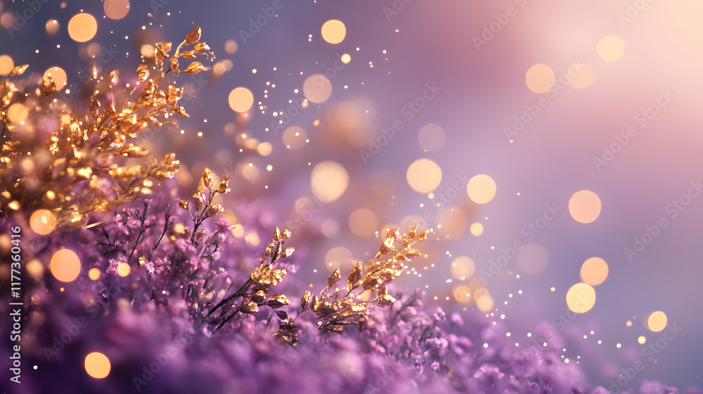 Subtle golden particles enhancing pink and aqua bokeh lights indoors over a smooth lavender background Subtle golden particles enhancing pink and aqua bokeh lights indoors over a smooth lavender background