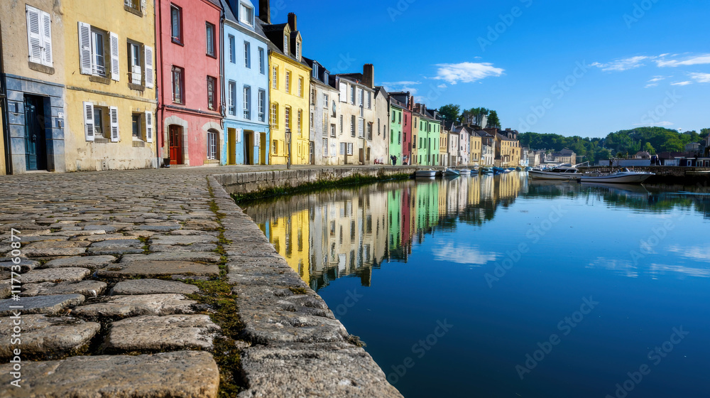 Charming Riverside Town with Narrow Cobblestone Streets and Colorful Houses Charming Riverside Town with Narrow Cobblestone Streets and Colorful Houses