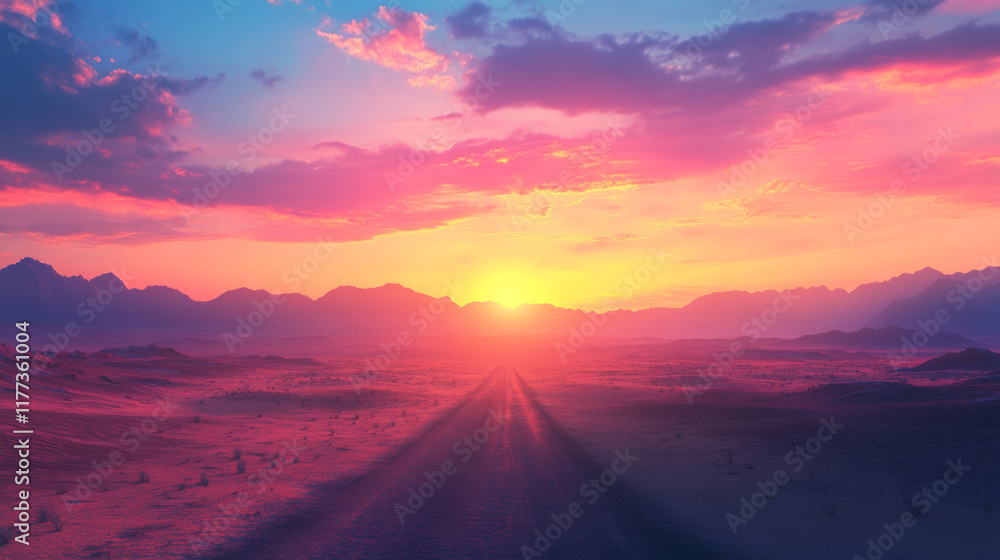 Colorful skies above vast desert with open road leading to horizon, creating serene and tranquil atmosphere at sunset Colorful skies above vast desert with open road leading to horizon, creating serene and tranquil atmosphere at sunset