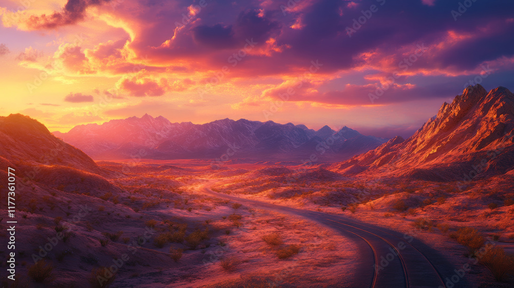 Fototapeta premium winding road through vibrant desert landscape at sunset, showcasing dramatic mountains and colorful skies. scene evokes sense of adventure and tranquility