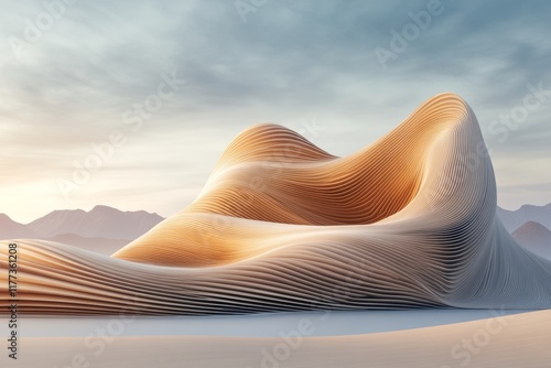 An abstract representation of a traditional falaj irrigation system, rendered in smooth curves and earthy tones photo