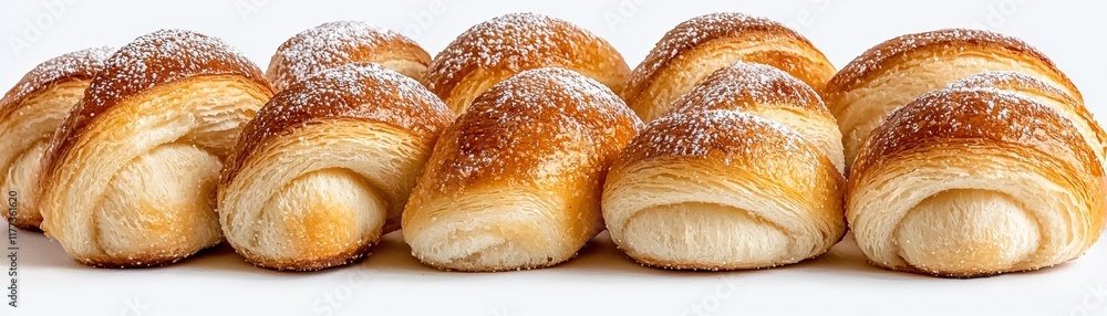 Freshly Baked Sweet Rolls with Powdered Sugar on a White Wooden Surface Freshly Baked Sweet Rolls with Powdered Sugar on a White Wooden Surface