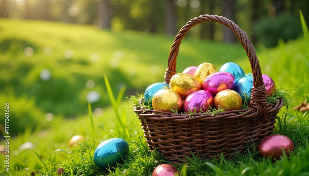 Basket of colorful Easter eggs on green grass outdoors Basket of colorful Easter eggs on green grass outdoors