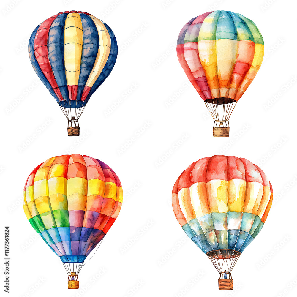 Obraz premium Vibrant hot air balloons in flight scenic landscape watercolor art outdoor adventure aerial view freedom and joy
