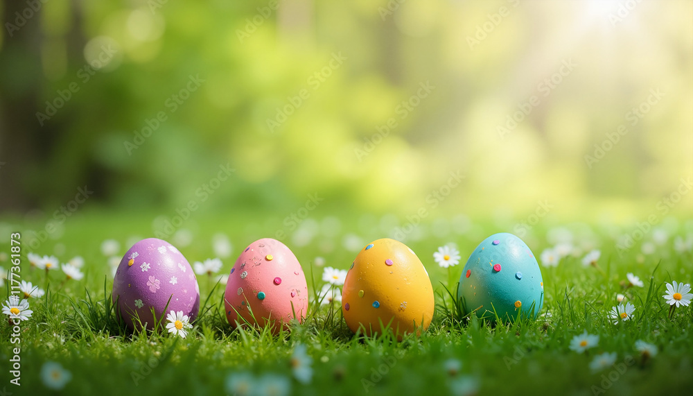 Fototapeta premium Colorful Easter eggs on grassy field with daisies
