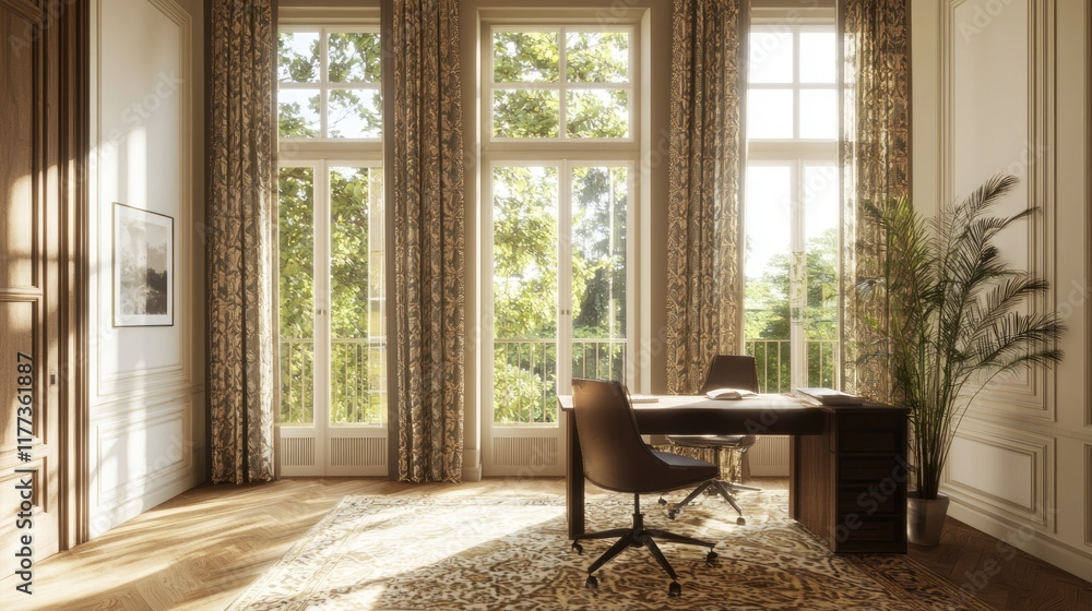 Fototapeta premium Vibrant Indian-Inspired Modern Home Office with Block-Printed Curtains and Plush Rug by Open Windows | Cinematic Image