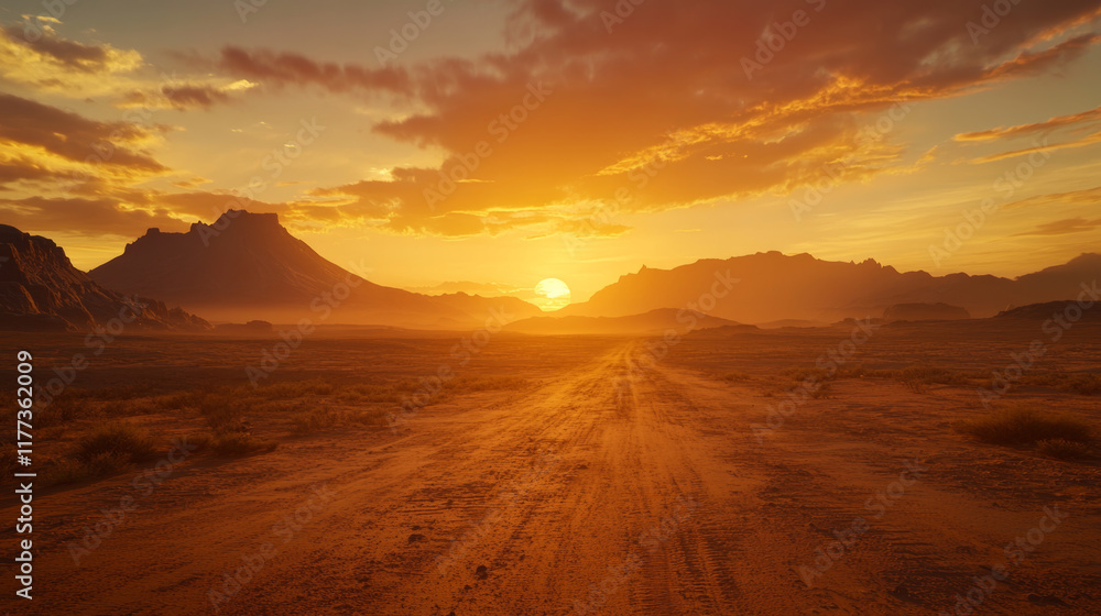 breathtaking sunset over endless desert road, with mountains silhouetted against vibrant sky. warm colors evoke sense of tranquility and adventure breathtaking sunset over endless desert road, with mountains silhouetted against vibrant sky. warm colors evoke sense of tranquility and adventure