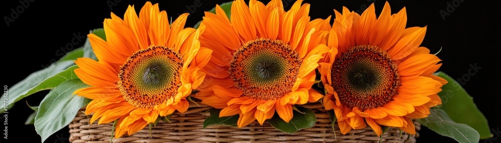 Bright and Cheerful Sunflowers in a Woven Basket Displayed Against a Dark Background Bright and Cheerful Sunflowers in a Woven Basket Displayed Against a Dark Background