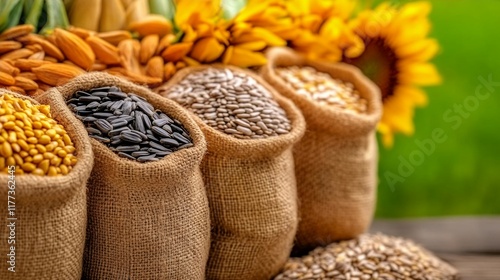 Organic Sunflower Seeds and Grains in Burlap Sacks photo