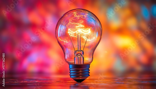 A brainshaped lightbulb glowing brightly against a dynamic color background, embodying the spark of inspiration and business innovation photo