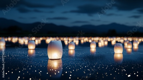 Floating lanterns hover above a serene field, their delicate glow creating sparkling reflections in the cool, misty night air, casting an enchanting ambiance photo