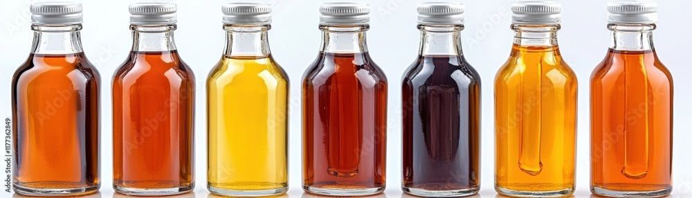 Various Bottles of Liquid in Different Colors and Textures Arrangement on White Background