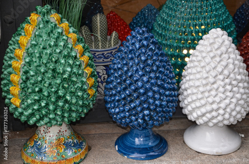 Sicilian ceramic pine cones are a symbol of the force of life, rebirth and transformation photo