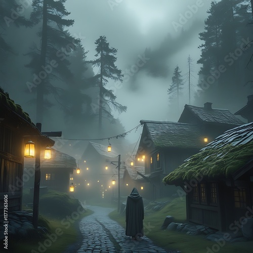 A mystical village perched atop a floating island, shrouded in eternal fog. The edges of the island drop off into an endless abyss, and wooden pathways extend between the village’s stilted huts, preca photo