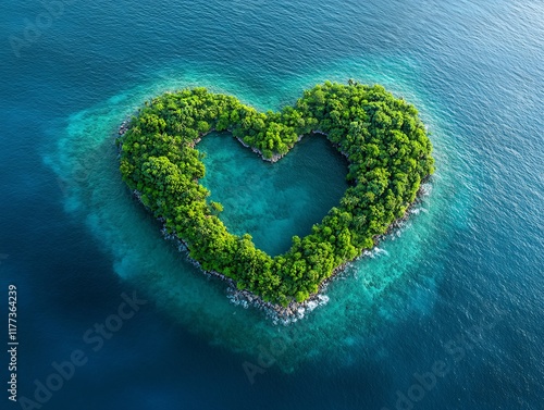 Aerial view of a heart-shaped island covered in lush green vegetation, surrounded by turquoise waters, symbolizing nature's beauty and romantic destinations