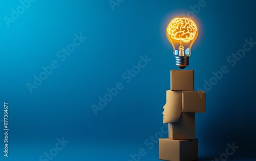 A glowing lightbulb above stacked headshaped brain boxes, against a bright blue background, symbolizing innovation and creativity photo