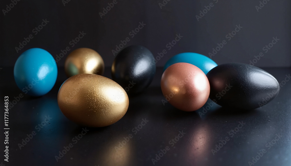 Elegant black, gold, and blue Easter eggs on dark background Elegant black, gold, and blue Easter eggs on dark background