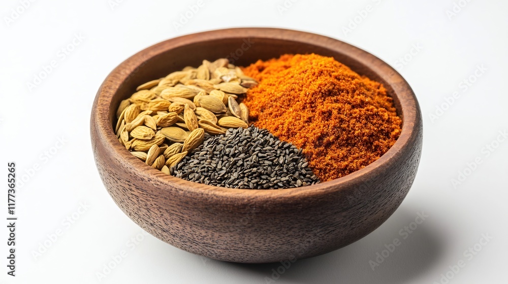 Assortment of Healthy Nuts,Seeds,and Spices in a Wooden Bowl on White Background Assortment of Healthy Nuts,Seeds,and Spices in a Wooden Bowl on White Background