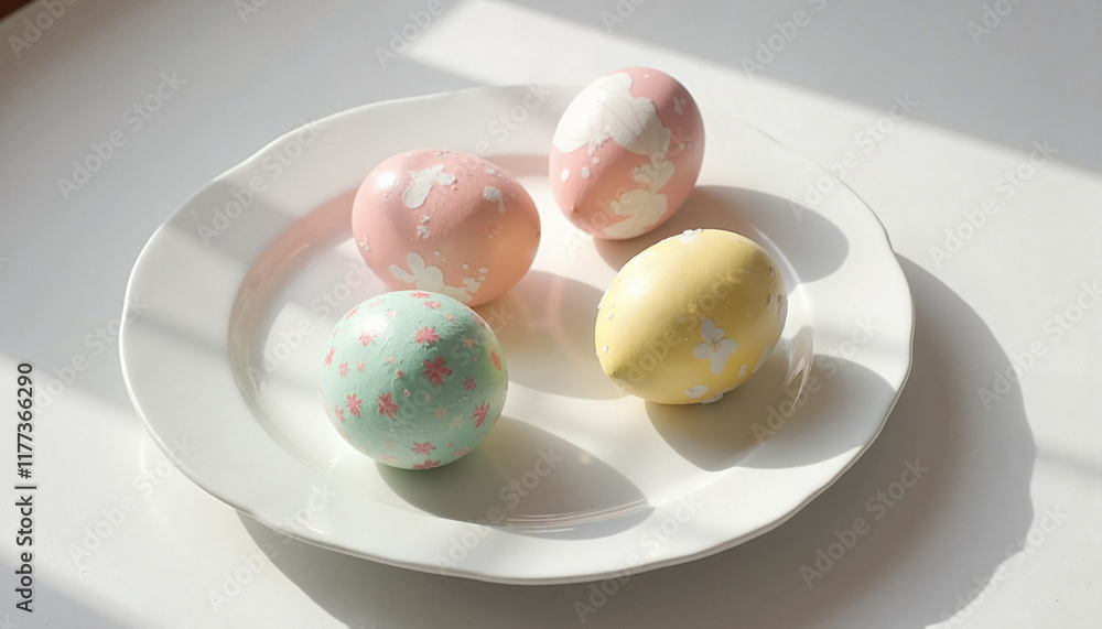 Painted Easter eggs on white plate in sunlight Painted Easter eggs on white plate in sunlight