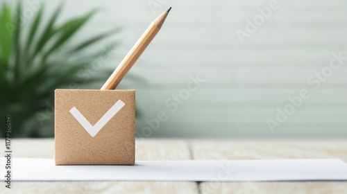 Tax Exemption Concept. Cork block with checkmark and pencil on a table.