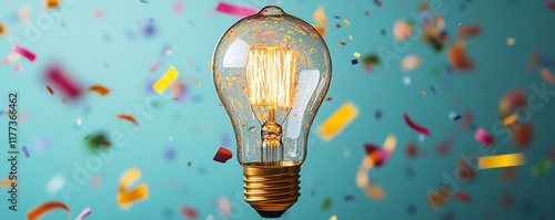 A stunning gold light bulb illuminated by colorful ribbon streamers and sparkling confetti, exploding with brilliance and innovation on an isolated background photo