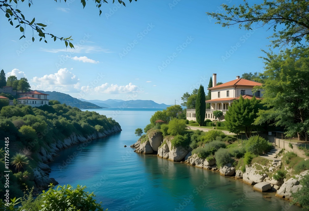 Fototapeta premium A beautiful river pass residence, blue sky, beautiful sea and natural paintings