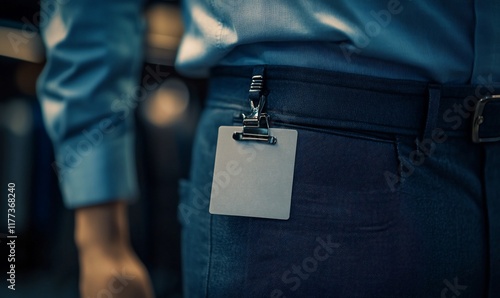 Blank ID badge on belt, office worker, blurred background, conference