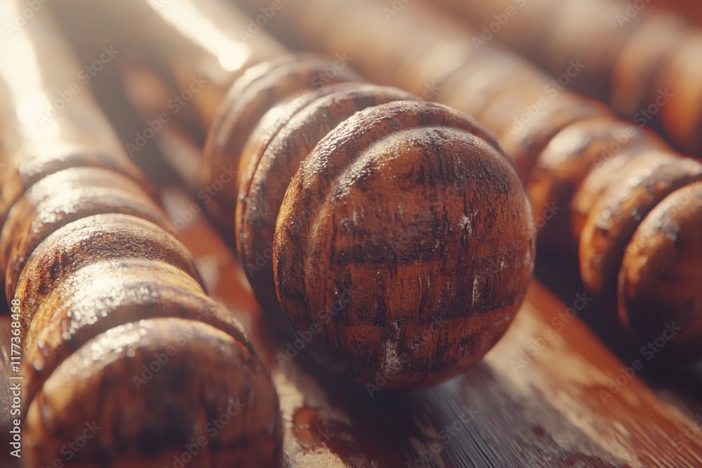 Wooden mallets close-up, sunlit background, display Wooden mallets close-up, sunlit background, display