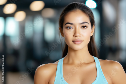 Portrait of a young woman in fitness attire with a focused expression, symbolizing health, strength, and determination, set in a gym environment. Free Download Portrait of a young woman in fitness attire with a focused expression, symbolizing health, strength, and determination, set in a gym environment. - GFXLoad
