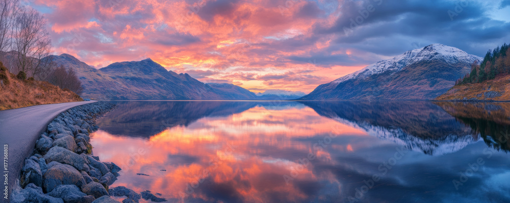 Obraz premium serene landscape featuring tranquil lake reflecting stunning sunset with vibrant colors. surrounding mountains and road enhance picturesque scenery